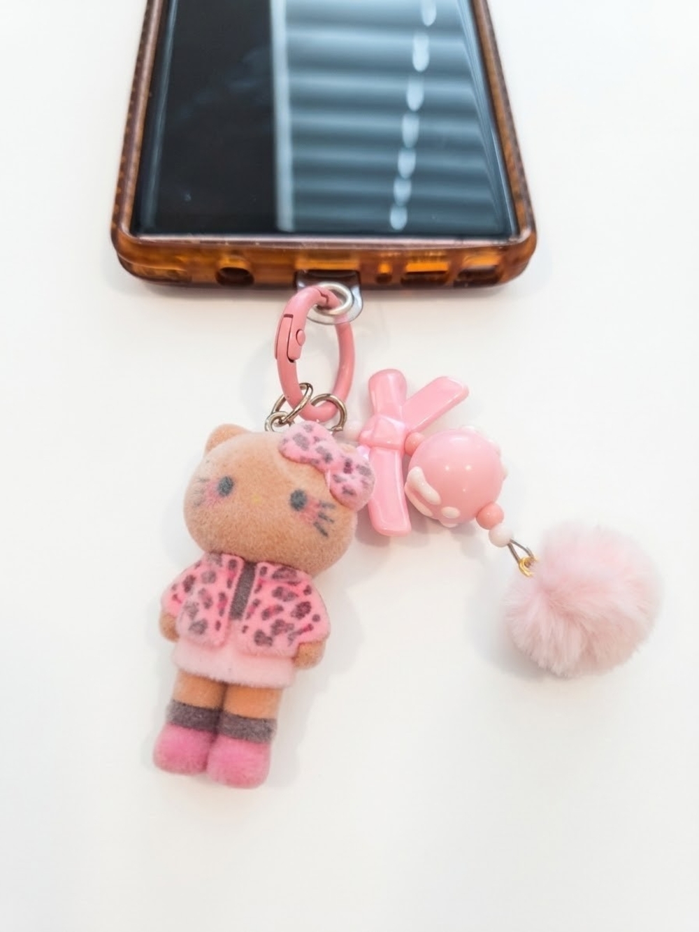 Cute Pink Kitty Plush Keychain Charm - Pink
